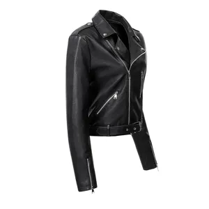 Close up of black faux leather motorcycle jacket showing zipper, lapel collar and belt design.
