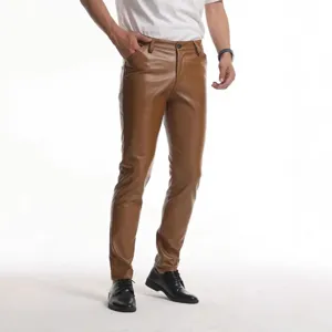 Men's slim fit brown PU leather pants casual long trousers for motorcycle riding and daily wear