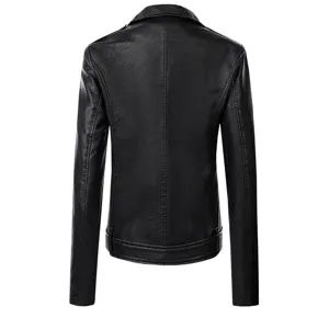 Back view details of women black leather motorcycle jacket, slim fit faux leather outwear.