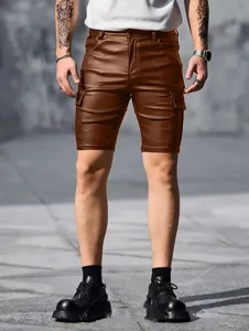 Detailed view of men's brown PU leather cargo shorts featuring slim fit and stylish pockets.
