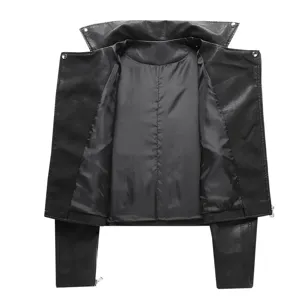 Women's black faux leather biker jacket, slim fit short motorcycle coat with lapel.