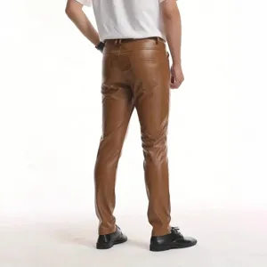 Men slim fit PU leather pants casual motorcycle long trousers brown stretch streetwear apparel