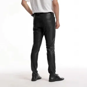 Men's slim fit PU leather pants black casual long trousers for motorcycle riding and daily wear.