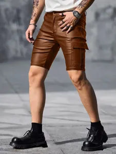 Men brown PU leather cargo shorts detail view, slim fit five-point casual pants side pocket.