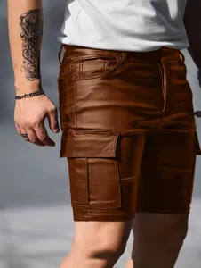 Men faux leather cargo shorts slim fit summer casual five-point pants stylish streetwear details