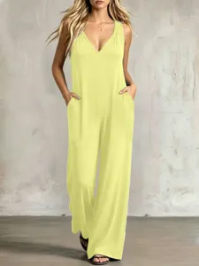 Summer casual sleeveless V-neck hooded jumpsuit with pockets for women solid color loose long pants