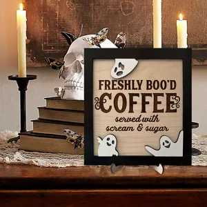 Halloween Holztischschild Kaffeebar Dekoration mit süßen Geister Ausschnitten im Vintagestil
