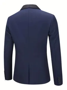 Back detail view of dark blue mens suit jacket with black shawl lapel for formal events.