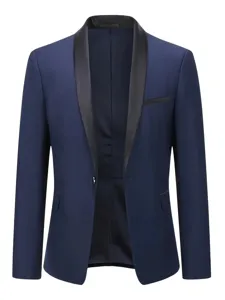 Men's blue tuxedo blazer featuring a sleek black shawl lapel and single button design.