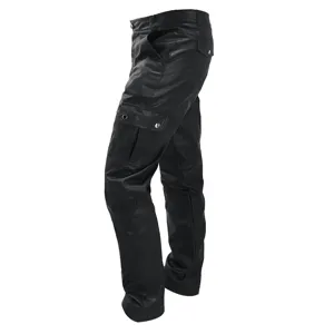 Men's black PU leather cargo straight casual pants, detailed view showcasing utility pockets.