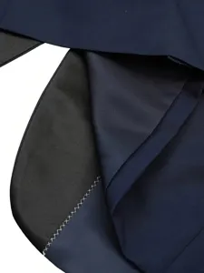 Men's suit jacket lapel detail, premium navy blue fabric with black satin shawl lapel trim.