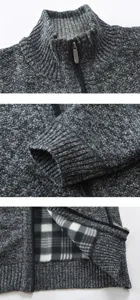 Men's casual fleece lined knit cardigan sweater with zipper stand collar and warm plaid inner.