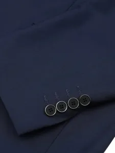 Detailed close-up of a classic navy blue men's suit jacket sleeve cuff with four buttons.