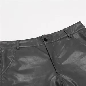 Men grey pu leather pants detail shot casual straight work trousers comfortable fit.