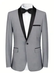 Men grey slim fit shawl lapel tuxedo jacket formal wedding groom blazer suit detail view