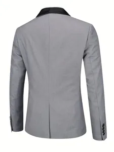 Men's grey suit jacket with black shawl lapel, elegant blazer for formal events and parties.