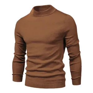 Close-up detail of the brown men's ribbed mock neck knit sweater texture and slim fit.