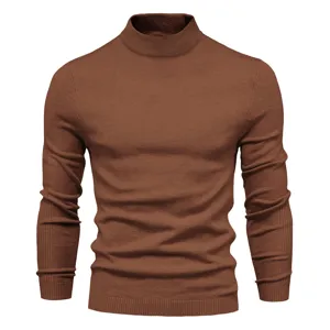 Close-up view of men's brown mock neck slim fit knitted sweater showcasing fine texture and ribbing.