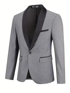 Detailed view of grey men's suit jacket with black shawl lapel single button design and pockets.