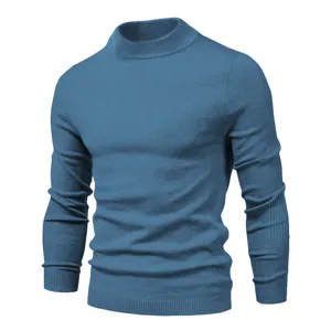 Men's blue mock neck knit sweater detail view, showing ribbed collar and long sleeve texture.