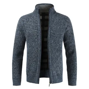 Men's Casual Stand Collar Zip Up Knit Cardigan Sweater Fleece Lined Thick Knitted Jacket Cashmere Polyester Plaid Lining Outerwear