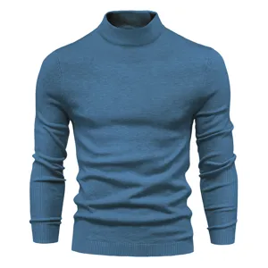Men's blue mock neck slim knit sweater detail, ribbed collar and cuffs texture close-up.
