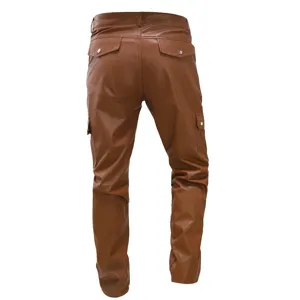 Men's brown faux leather cargo pants detail view showing back pockets and straight fit design.