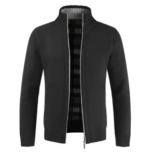 Men's knitted cardigan sweater casual full-zip stand collar slim fit winter outerwear black