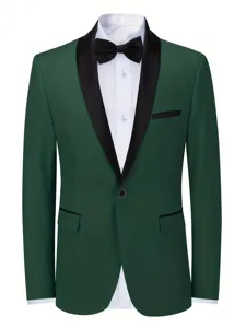 Men's dark green tuxedo jacket with black shawl lapel, elegant formal wear for weddings and parties.