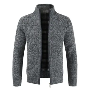Men's knitted zip-up cardigan sweater fleece lined high collar casual winter outerwear front view