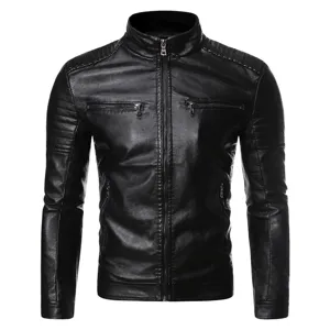 Veste en cuir PU homme printemps automne col montant blouson moto zippe grande taille