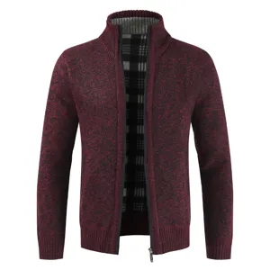 Men's knitted cardigan sweater full zip stand collar fleece lined winter casual outerwear