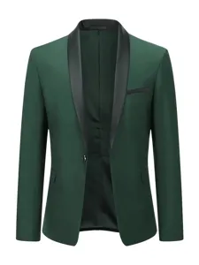 Detail view of dark green mens blazer with black satin shawl collar and single button closure.