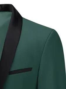 Men suit jacket lapel detail, dark green blazer collar close-up view, elegant formal wear.