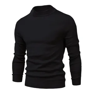 Detailed view of the black men's mock neck slim fit knitted sweater with ribbed cuffs.