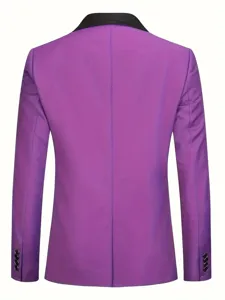 Back view of purple men's suit jacket featuring a classic black shawl collar and cuffs.