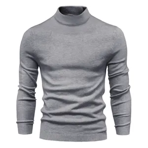 Men's casual gray mock neck long sleeve knit sweater slim fit apparel detail view.