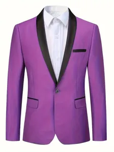 Purple men's suit jacket detail, black shawl lapel and pocket trim design, elegant formal wear.