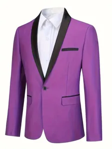 Purple men suit jacket detail, black shawl lapel design, single button blazer apparel.