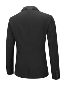 Back detail of black men tuxedo blazer jacket with shawl collar and elegant slit design.