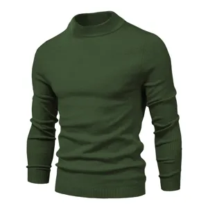 Men's mock neck slim fit knitted pullover sweater, solid dark green winter thermal top.