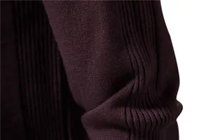 Men's winter thick warm knit sweater fabric detail, dark purple ribbed sleeve texture view.