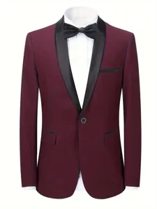 Burgundy shawl lapel tuxedo jacket detail view, slim fit formal blazer for wedding party and prom.