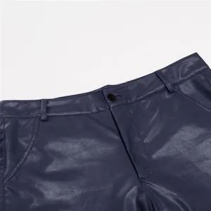 Close-up detail of men pu leather pants waistband in dark blue color, clean minimalist style.