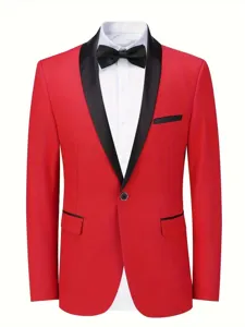 Red shawl lapel men tuxedo blazer with black collar, ideal for weddings, parties and shows.