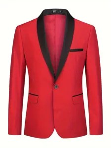 Men's red blazer jacket with black shawl collar, single button, elegant banquet party wear.