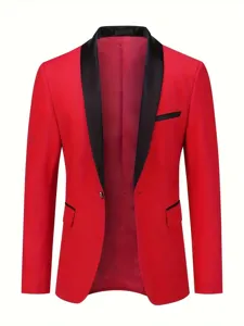 Detailed view of red men suit jacket with black shawl lapel and single button closure style.