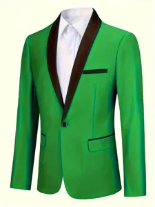 Green shawl lapel suit jacket detail showing black contrast collar and single button design.