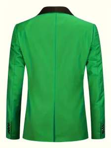 Detailed back view of the green men's suit blazer featuring a black shawl collar design.