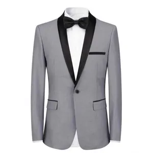Men grey tuxedo suit jacket with black shawl lapel single button formal blazer for party.